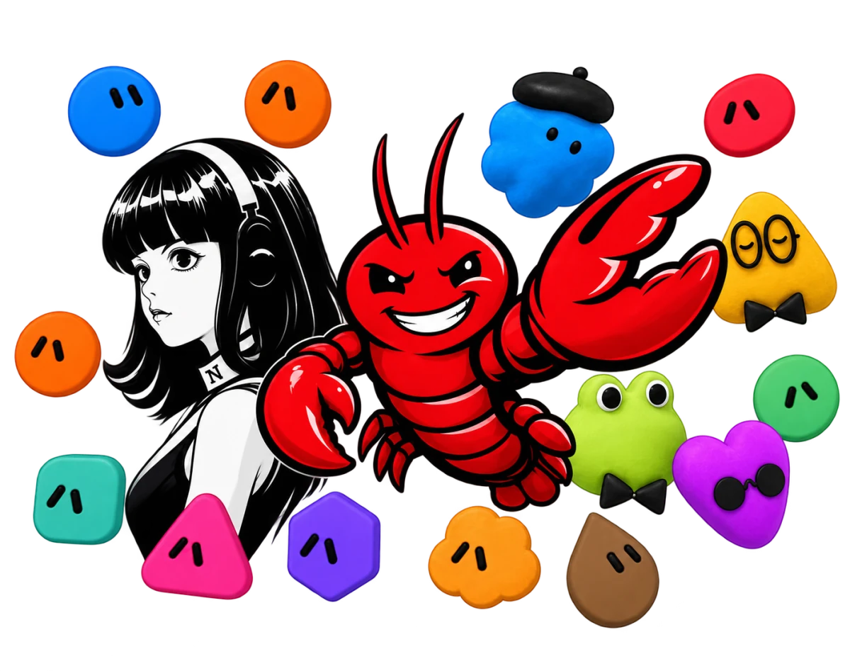 A red lobster and a headphone-wearing assistant surrounded by colorful agent characters.